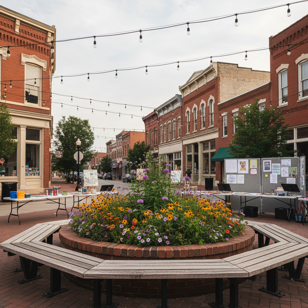 An outdoor community gathering space in downtown Hannibal, Missouri, featuring a circular arrangement of sturdy wooden benches around a low brick planter overflowing with native flowers. Behind it, historic red-brick buildings line the street, subtly recognizable but without text. Overhead, string lights are unlit in soft late-afternoon overcast light, giving everything a gentle, diffused glow. The scene hints at cultural festivals and neighborhood meetings held here, with folding tables set up in the background bearing art supplies, music stands, and decorated display boards. Photographic realism, shot from a slightly elevated angle using rule-of-thirds composition, creating an inclusive, community-focused atmosphere without showing any people.