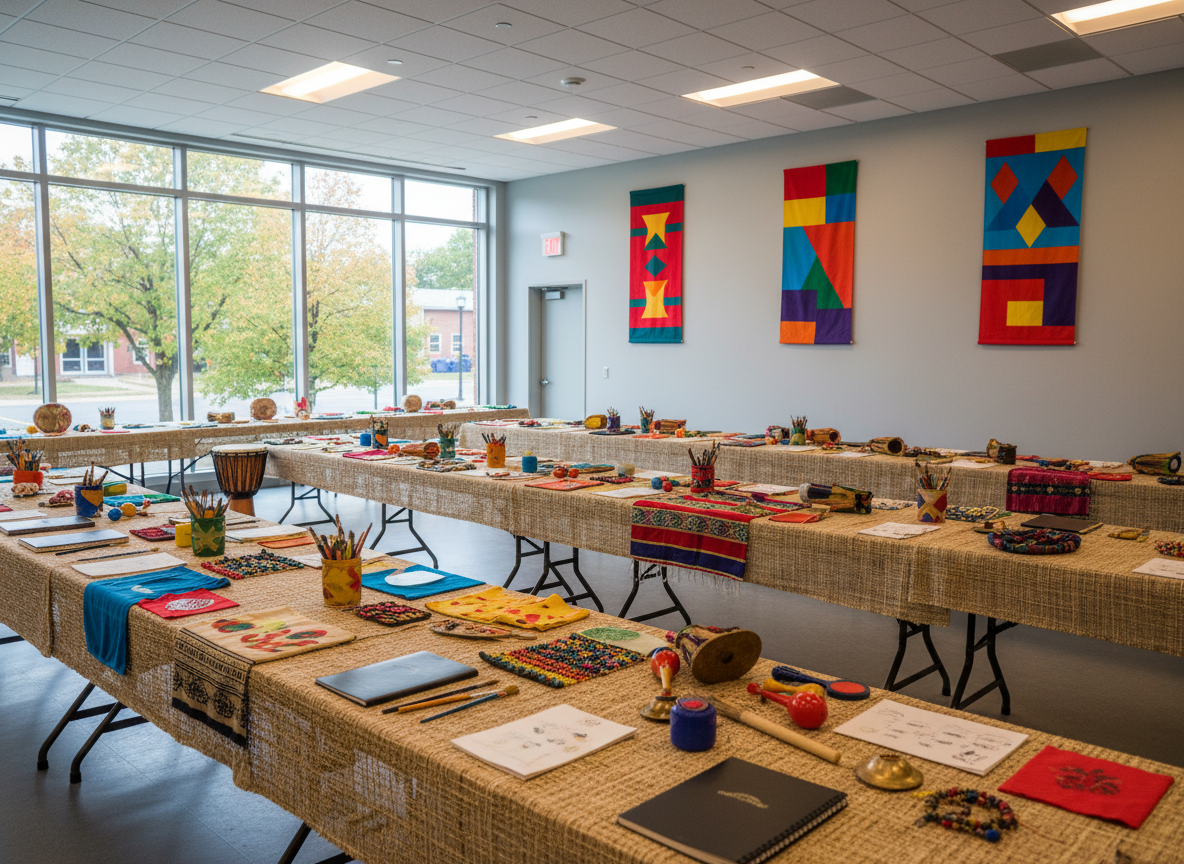 A modern multipurpose community room set up for a cultural program, with long rectangular tables covered in neatly arranged art materials, handcrafted textiles, and percussion instruments from diverse cultures. Brightly colored banners with abstract patterns hang from neutral-toned walls, avoiding any readable text. Large windows along one side reveal a glimpse of Hannibal’s tree-lined streets. Soft, warm ceiling lights blend with the cool natural daylight, producing balanced, inviting illumination. The mood is energetic yet organized, ready for inclusive participation. Photographic realism, shot at eye level with moderate depth of field, foreground details in crisp focus while the back of the room gently softens to guide the eye through the space.