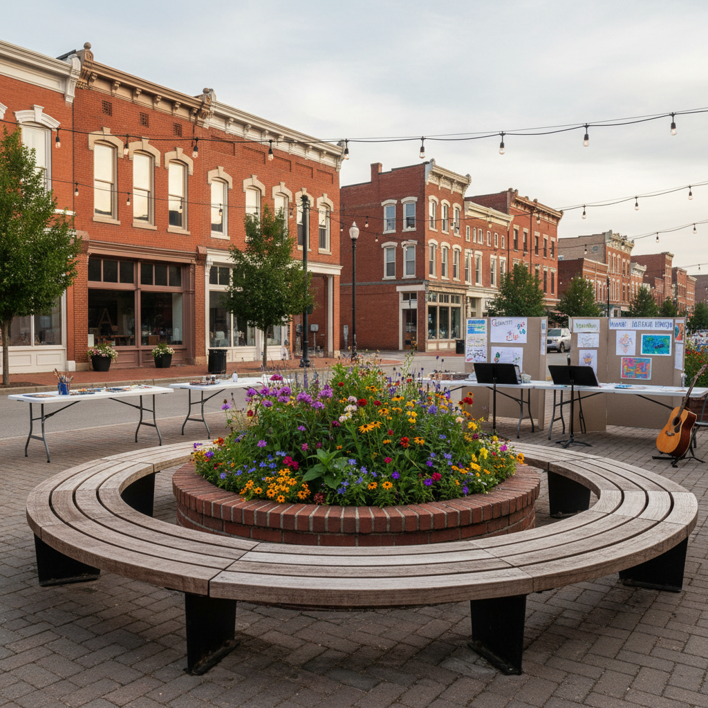 An outdoor community gathering space in downtown Hannibal, Missouri, featuring a circular arrangement of sturdy wooden benches around a low brick planter overflowing with native flowers. Behind it, historic red-brick buildings line the street, subtly recognizable but without text. Overhead, string lights are unlit in soft late-afternoon overcast light, giving everything a gentle, diffused glow. The scene hints at cultural festivals and neighborhood meetings held here, with folding tables set up in the background bearing art supplies, music stands, and decorated display boards. Photographic realism, shot from a slightly elevated angle using rule-of-thirds composition, creating an inclusive, community-focused atmosphere without showing any people.