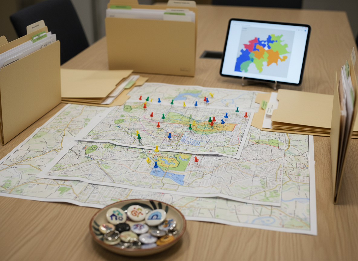 A close-up, photographic-realistic view of a planning table for a neighborhood development meeting, covered with detailed paper maps of Hannibal, Missouri, colorful pushpins, highlighters, and neatly stacked folders. A tablet displays a map interface without any legible text. The tabletop is smooth, light oak, with a subtle grain that catches soft overhead lighting. Near the edge, a small ceramic dish holds buttons and keychains printed with abstract community-themed icons rather than words. The lighting is even and professional, evoking careful planning and thoughtful advocacy. Shot from a slightly elevated angle with shallow depth of field, focusing tightly on the central map and pins, while the rest of the table fades into a gentle blur.