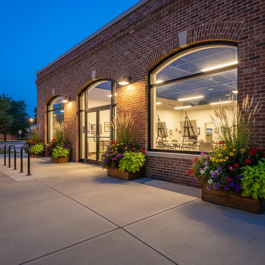 An evening exterior view of a restored brick community building used by a local non-profit, its entrance framed by planters overflowing with seasonal flowers and native grasses. Warm light spills from large front windows, illuminating interior silhouettes of tables, chairs, and display easels without showing any people. A simple metal bike rack and well-kept sidewalk lead the viewer’s eye toward the door. Overhead, the sky is deep blue twilight, and subtle reflections shimmer on the glass. The mood is safe, welcoming, and stable, suggesting ongoing programs and support inside. Photographic realism, shot from a low, three-quarter angle, with crisp focus and a slightly cinematic feel suitable for a professional community development organization homepage.