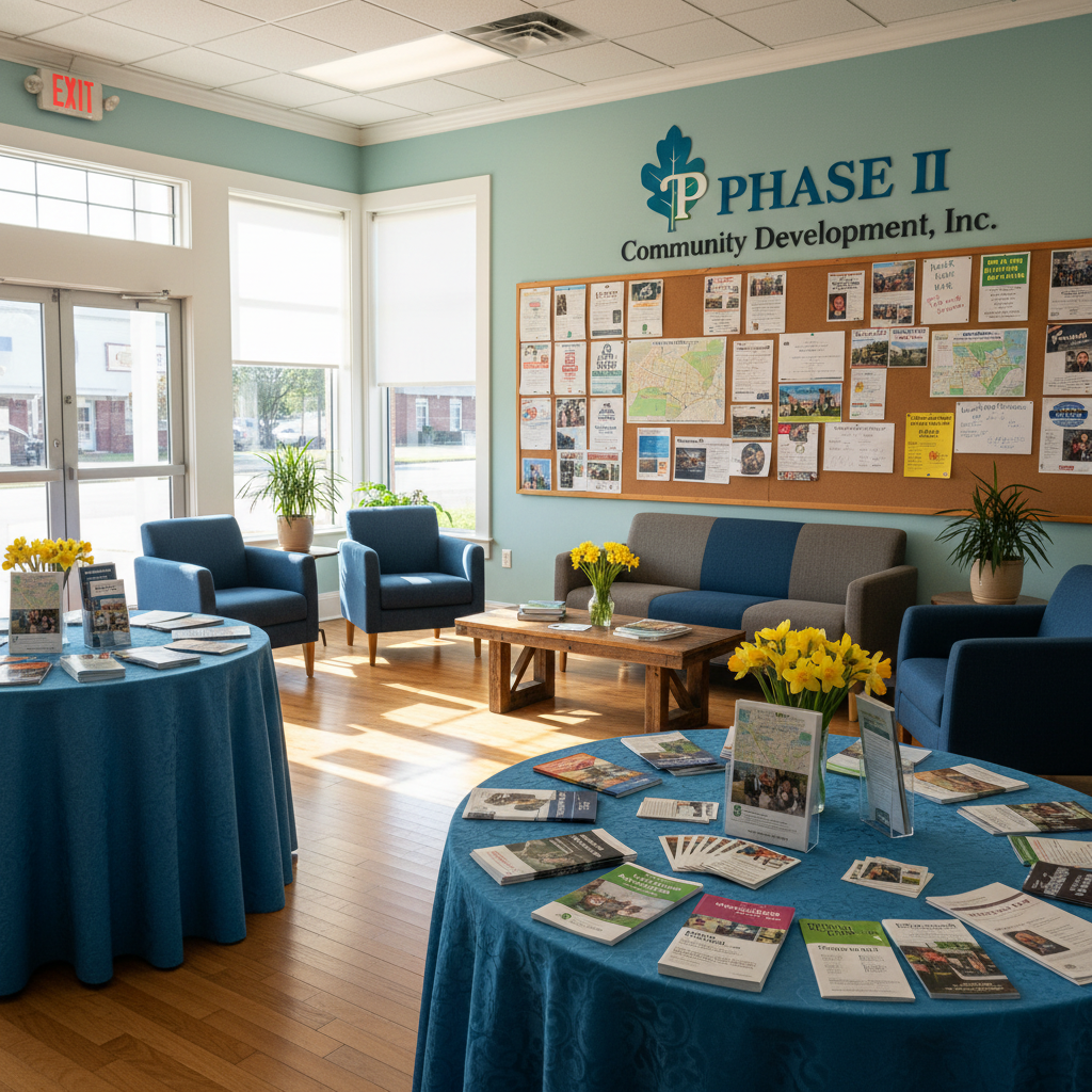 A vibrant community resource center lobby designed for PHASE II Community Development, Inc., with informational tables, colorful brochures, and a large bulletin board filled with event flyers and maps of Hannibal, Missouri. Comfortable upholstered chairs in deep blue and warm gray sit atop a polished wood floor. Sunlight from tall front windows casts soft, natural light across the space, creating gentle reflections on the floor and tabletops. The atmosphere feels welcoming and organized, suggesting cultural programs and advocacy work happening beyond the doors. Photographic realism, shot at eye level with a wide-angle lens, sharp focus throughout to show every texture and detail in a professional, trustworthy style.